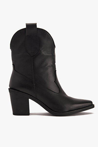 West To West Kadın Western Bot – Hakiki Siyah Deri Kovboy Topuklu Bot