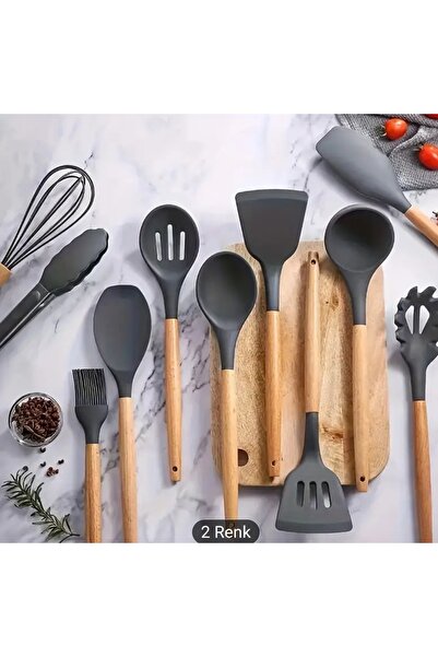 Alvin Ahşap Saplı 12 Parça Silikon Mutfak Gereç Seti – Isıya Dayanıklı Spatul...