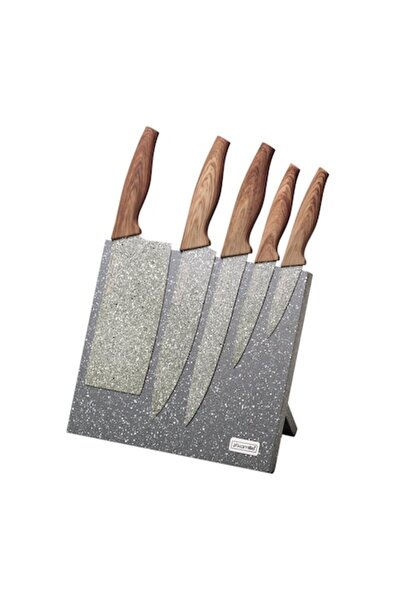 Kamille Set de 5 cuțite cu suport, Kamille, oțel inoxidabil, acoperire cu granit, 9-20 cm, maro/gri