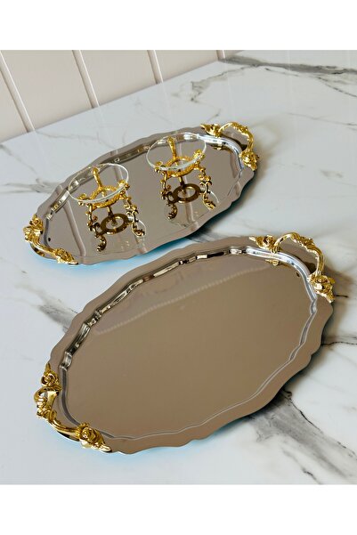 Melinda Lunea 2-Piece Gold Handled Oval Coffee and Promise Tray - Glass Ring Holder Set (20X25Cm)