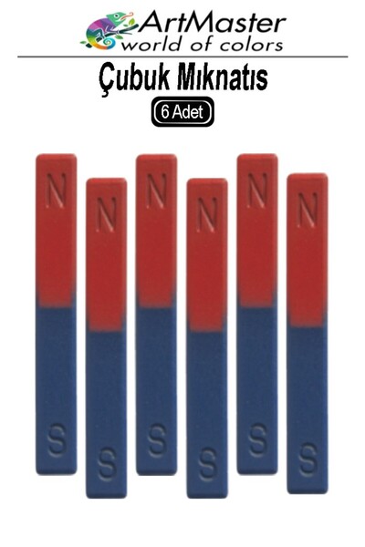 Artmaster Çubuk Mıknatıs 6 Adet Deney Malzemesi Kırmızı Mavi Boyalı Okul Projeleri İçin I Şekilli Manyetik Çub