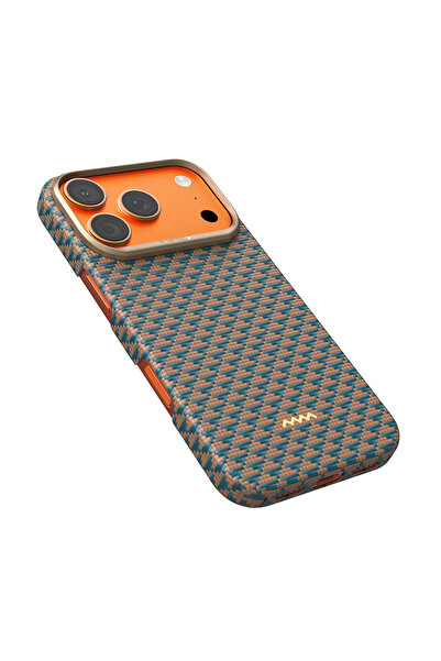 Raptic iPhone 17 Pro Max Uyumlu Kılıf M-safe Şarj Özellikli Aramid Skin Origin Seri Kapak Gold-Mavi