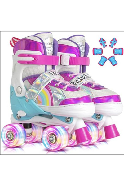 Krista Shiny 4-wheeled kids roller skates with lights, adjustable sizes 27 - 30, pink, XS