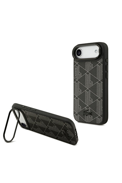 Lacoste iPhone 17 Air Compatible Licensed M-Safeli Stand Pu Leather Mixed Monogram Pattern Cover Black