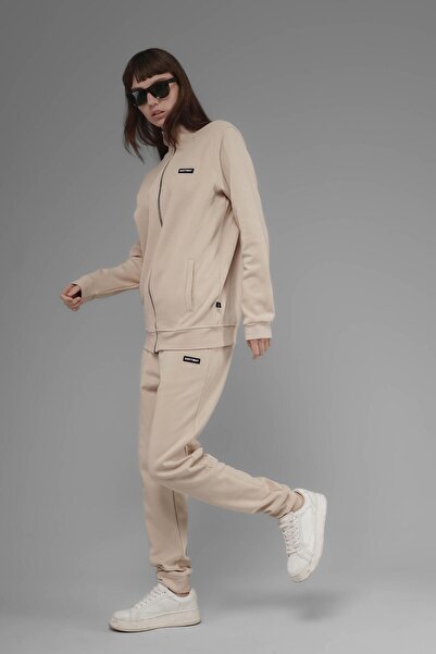 SOFTWAY Φούτερ Unisex Regular Fit με ψηλός λαιμός τσέπες με φερμουάρ - Μπεζ