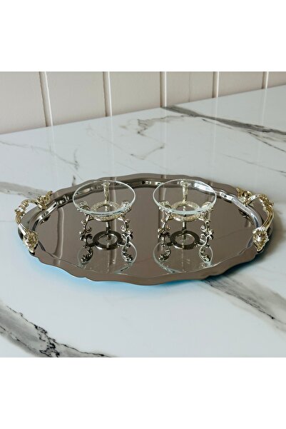Melinda Lunea 2-Piece Oval Coffee and Promise Tray with Silver Handles - Glass Ring Holder Set (20X25Cm)