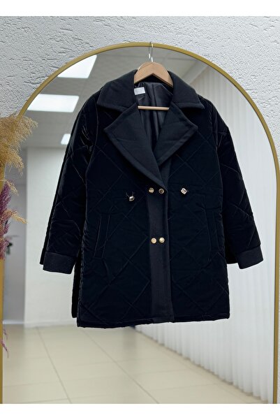 BENAHOLL Alva Buttons Snap Fastener Waist Tightening Quilted Short Coat-En2108 Black