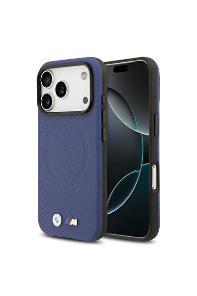 BMW iPhone 17 Pro Max Uyumlu Kılıf Lisanslı M-safeli Metal Logo Delikli M Dizayn Deri Kapak Lacivert