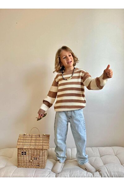 RAPAPA Coffee Ecru Striped Knitwear Sweater and Light Blue Denim Pants Boys' Set - Comfortable and Stylish Winter Combo