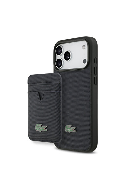 Lacoste iPhone 17 Pro Max Case Licensed M-Safeli Pu Pike Pattern Metal Logo Card Holder Cover Navy Blue