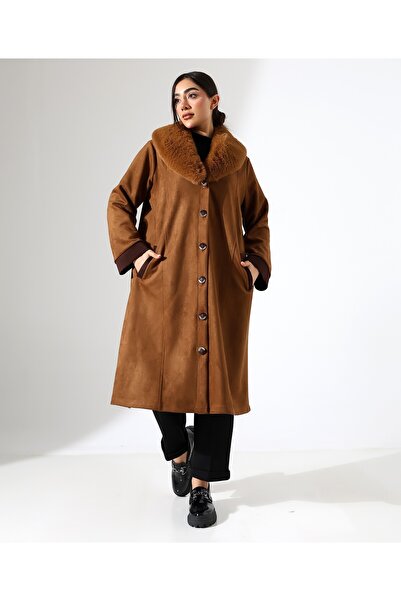 Fi'l Arz Fashion Shawl Collar Fur Detail Long Coat