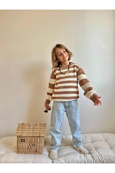 RAPAPA Coffee Ecru Striped Knitwear Sweater and Light Blue Denim Pants Boys' Set - Comfortable and Stylish Winter Combo