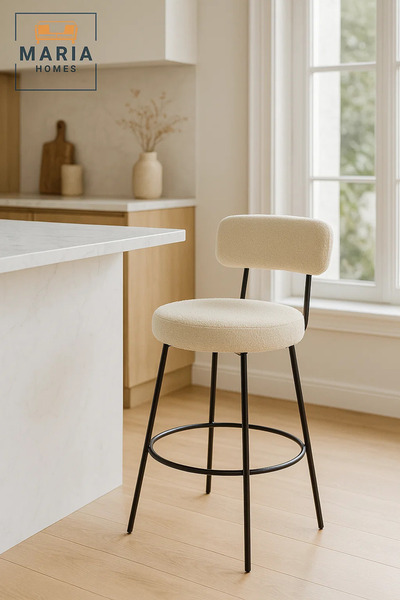 MARIA HOMES كرسي بار من خشب البوكل البيج بإطار معدني، ومقعد دائري مبطن لجزيرة المطبخ