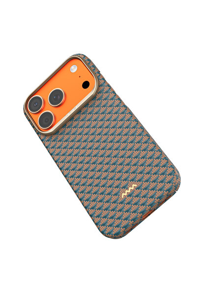 Raptic iPhone 17 Pro Uyumlu Kılıf M-safe Şarj Özellikli Aramid Skin Origin Serisi Kapak Gold-Mavi