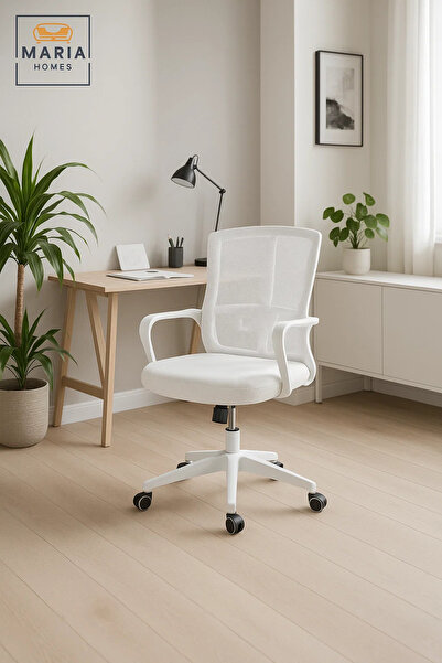 MARIA HOMES كرسي مكتب أبيض مريح مع ظهر شبكي - دوار، ارتفاع قابل للتعديل وتصمي...
