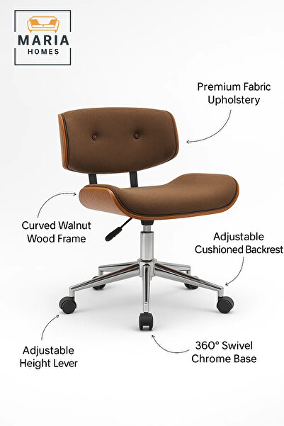 MARIA HOMES Brown Upholstered Adjustable Office Chair with Wheels, Mid-Century Modern Swivel Desk Chair