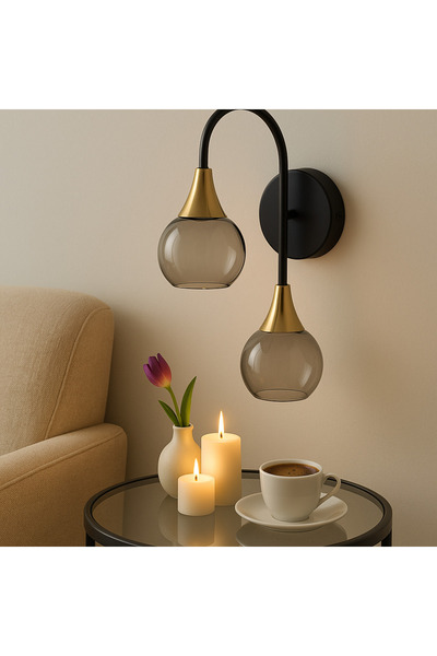 Zelishya Amora Gold Detaylı Dumanlı Camlı Çift Duvar Apliği / Duvar Lambası –...