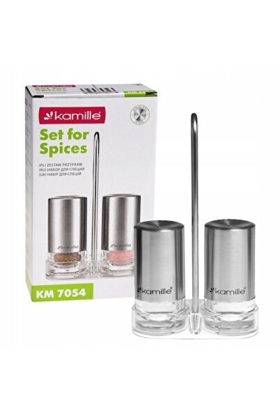 Kamille Set solniță și piperniță pe suport KM-7054, sticlă și oțel inoxidabil, 4x8cm, suport 17cm