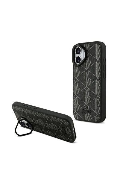 Lacoste iPhone 17 Uyumlu Kılıf Lisanslı M-safeli Standlı PU Deri Karışık Monogram Desenli Kapak Siyah