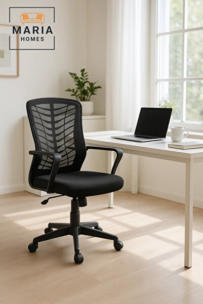 MARIA HOMES كرسي مكتب مريح باللون الأسود مع ظهر شبكي - دوار، ارتفاع قابل للتعديل، ودعم أسفل الظهر