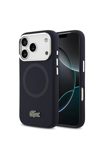 Lacoste Силиконов калъф с метално лого за MagSafe за iPhone 17 Pro, син