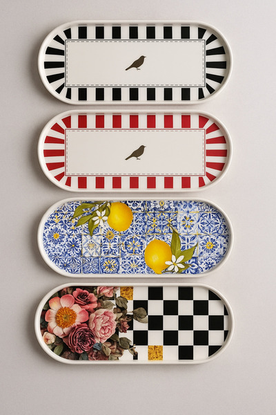 AC AMİSOS مجموعة من 4 صواني تقديم بيضاوية منقوشة باللون البني - تصميم أنيق بن...