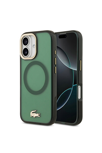 Lacoste iPhone 17 Kılıf Uyumlu Lisanslı M-safe Şarj Özellikli Gold Timsah Logolu Buzlu Kapak Yeşil