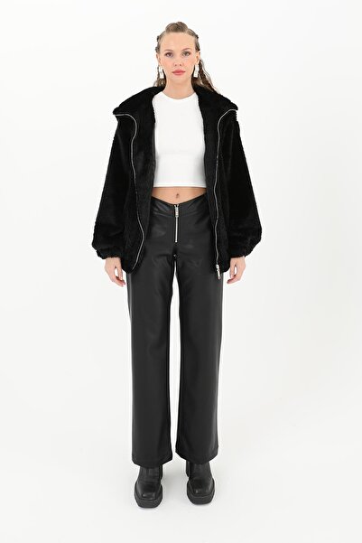 Soul Plush Coat with Hat and Zipper Black 32094