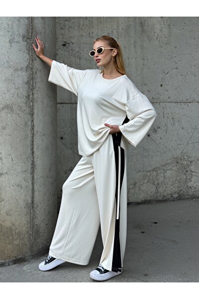 Tubik Women's Modal Fabric Striped Detail Pocket Top and Bottom Set