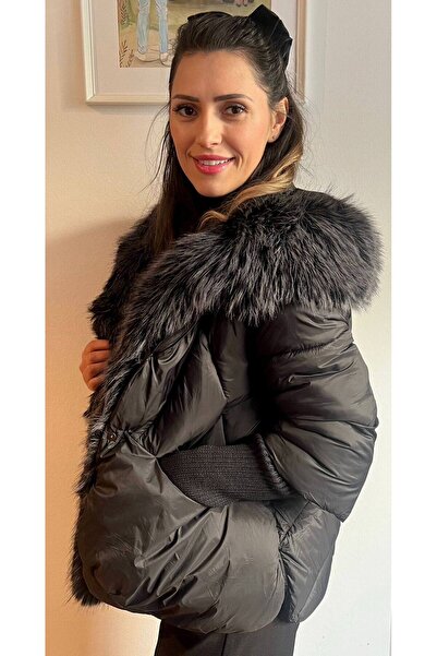GLAMSI Women's jacket with premium organic fur and knitted sleeves