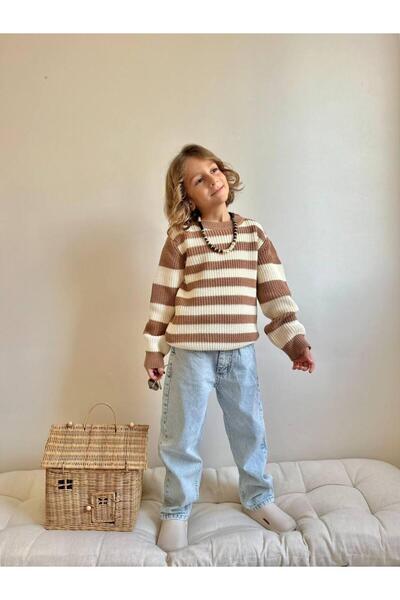 RAPAPA Coffee Ecru Striped Knitwear Sweater and Light Blue Denim Pants Boys' Set - Comfortable and Stylish Winter Combo