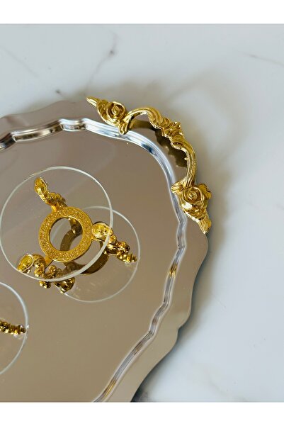 Melinda Lunea 2-Piece Gold Handled Oval Coffee and Promise Tray - Glass Ring Holder Set (20X25Cm)