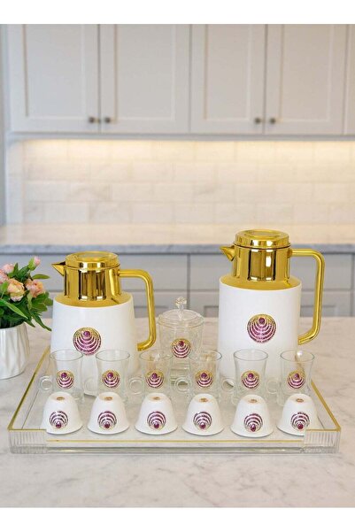 Generic Thermose Ramadan Kareem 22-Piece Flask Set (6 Tea Cups, 6 Cawa Cups, Tray, Sugar Bowl)