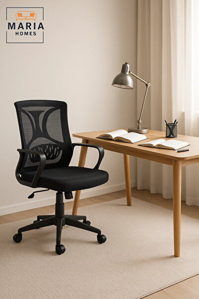 MARIA HOMES كرسي مكتب مريح باللون الأسود مع ظهر شبكي - ارتفاع قابل للتعديل، تصميم دوار ومريح