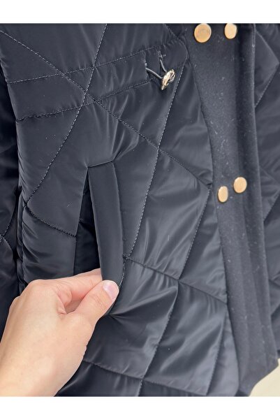 BENAHOLL Alva Buttons Snap Fastener Waist Tightening Quilted Short Coat-En2108 Black