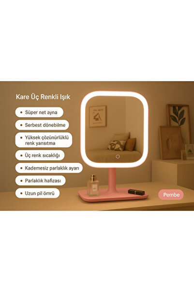 Store Led Işıklı Usb Şarjlı Dikdörtgen Masa Üstü Makyaj Aynası Makyaj Aynası Dokunmatik