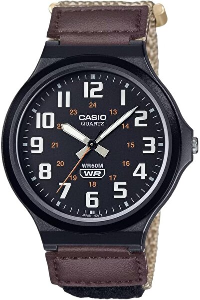 Casio MW-240B-5BV Analog Men's Watch - Black Dial, Brown Fabric Strap, 50M Water Resistant