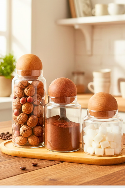 Penthouse Set of 3 Wooden Ball Cork Lid Glass Jars, Sugar Bowl, Snack Bowl, Seasoning Bowl and Storage Container