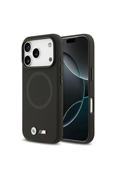 BMW iPhone 17 Pro Max Uyumlu Kılıf Lisanslı M-safeli Metal Logolu Delikli M Dizayn Deri Kapak Siyah