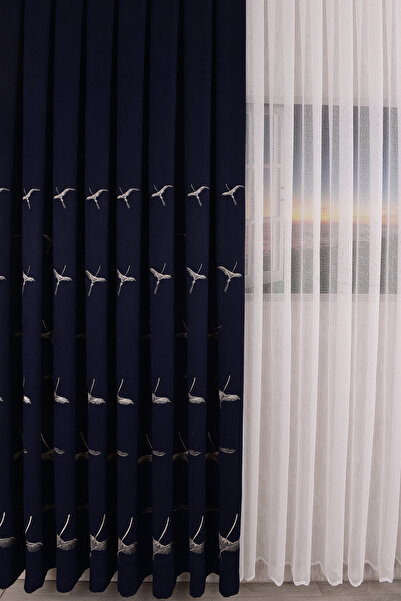 Setekshome Κουρτίνα με κεντημένο σχέδιο Φοίνικας Μπλε ναυτικό