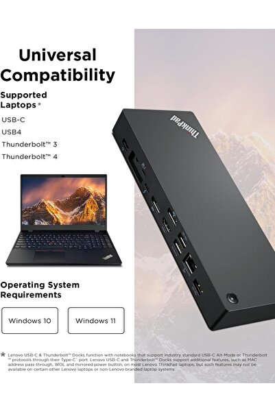LENOVO قاعدة توصيل Think Pad Universal Thunderbolt 4، قابس ACZ رفيع، طاقة خرج قصوى تبلغ 100 وات |