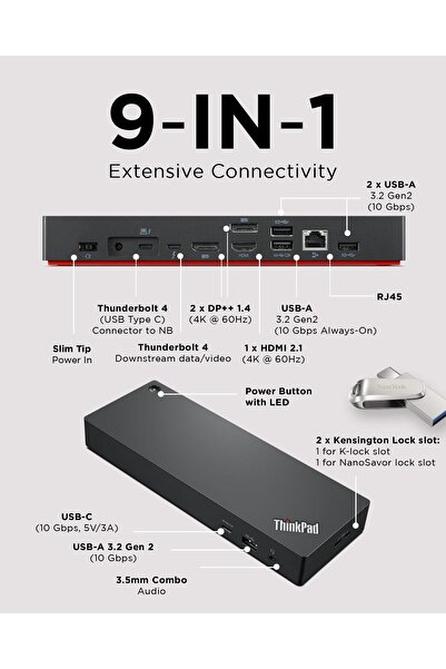 LENOVO قاعدة توصيل Think Pad Universal Thunderbolt 4، قابس ACZ رفيع، طاقة خرج قصوى تبلغ 100 وات |