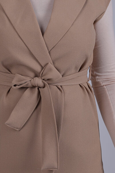 armonika Women's Mink Men's Collar Waist Belted Linen Look Vest Arm-25Y001079