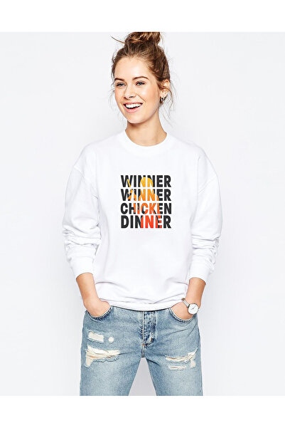 QIVI Pubg Winner Women's Printed White Women's Knitted Sweatshirt Long Sleeve