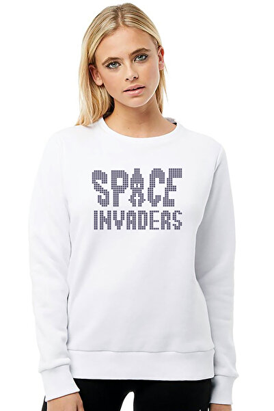 QIVI Space Invaders Printed White Women's Knitted Sweatshirt Long Sleeve
