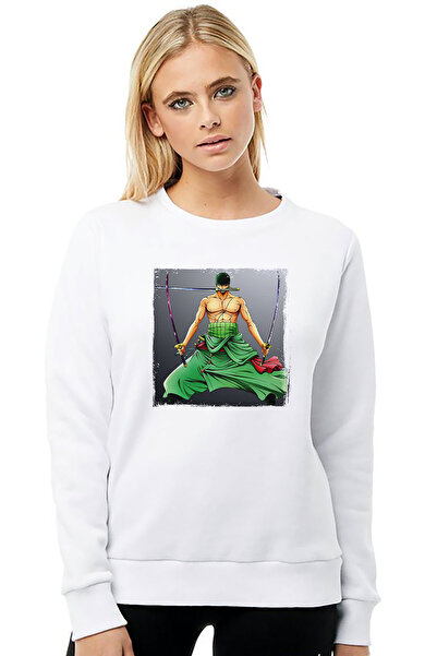 QIVI سويت شيرت أنمي ون بيس رورونوا زورو مطبوع للسيدات باللون الأبيض محبوك بأك...