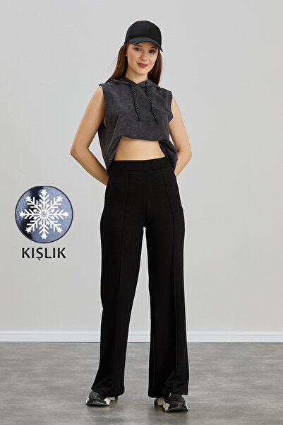 OLİZZA Women's Black Winter Modal Wide Leg piped High Waist Elastic Waist Soft Textured Stretch Fabric Pants