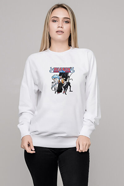 QIVI بلاتش أنيمي مطبوع سويت شيرت نسائي أبيض محبوك بأكمام طويلة