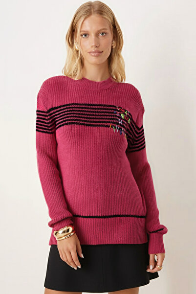armonika Women's Fuchsia Crew Neck Thessaloniki Knitted Lettered Sweater Arm-26K136084