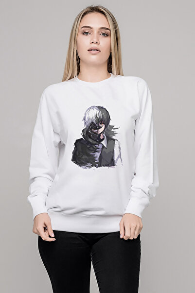 QIVI سويت شيرت أنمي طوكيو غول أنتييكو مطبوع للنساء باللون الأبيض بأكمام طويلة